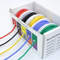 Fio de silicone macio resistente ao calor 5 cores em um kit de caixa 30/28/26/24/22/20/18AWG Cabo trançado elétrico Fio de cobre estanhado