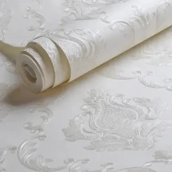 Papur wal Damasg boglynnog Gwyn Hufennog Ystafell Wely Cefndir Patrwm Blodau Papur Wal Gweadog 3D Addurn Cartref Rhôl 10M