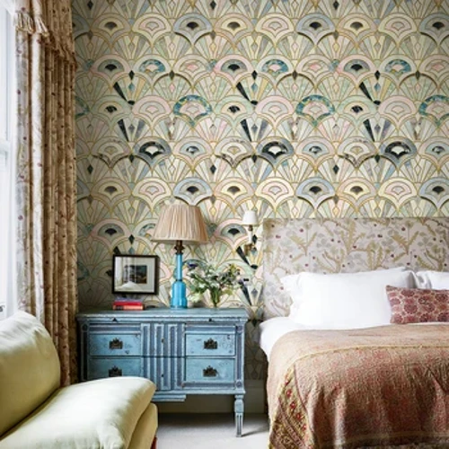 Peel And Stick Fan Pattern PVC Wallpaper Retro Classic Watercolor Gold Line Matatanggal Wall Decor Elegant Chic Banyo Wallpaper