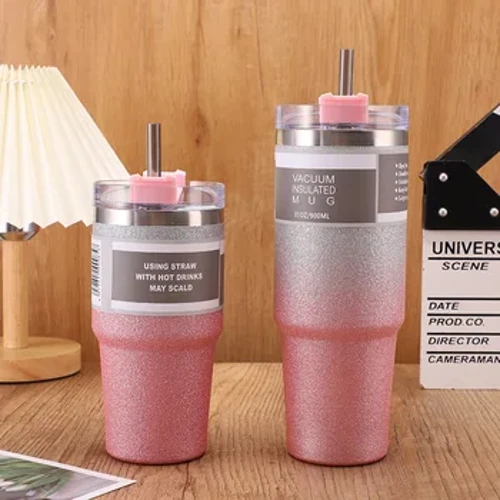 600/900 ml kaffekrus i rustfritt stål Diamond Paint termoskopp med lokk og sugerør med håndtak Isolerte tumblere Vakuum ølkopp