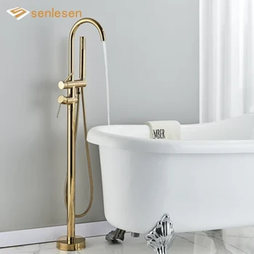 Senlesen Rubinetto per vasca da terra da terra Rubinetto per vasca con doppia maniglia in ottone Miscelatore per acqua calda e fredda Rubinetto per doccia con doccetta