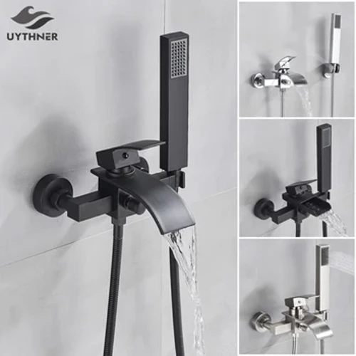 Uythner Bathroom Tub Faucet Single Handle Waterfall Spout Mixer Tap na may Hand Shower Wall Mounted Bath Faucets Bathtub Tap