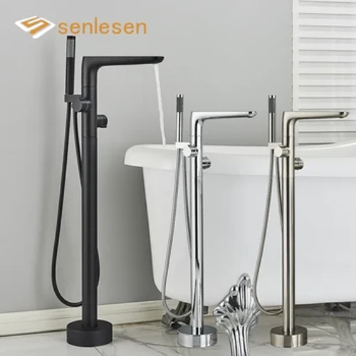 I-Senlesen Matte Emnyama Yegumbi Lokugezela Ishawa Ishawa Eliphansi Isitezi Sompompi Esimile Isitezi Sentabeni Yokugeza Ubhavu Isitsha Sokugeza Iwayela Ifaucethi Yethusi I-Dual Handle Tub Mixer Tap