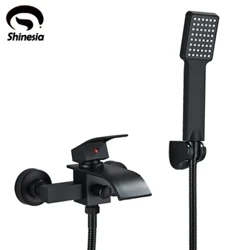 Shinesia Rubinetto per bagno nero Cascata Rubinetti per vasca da bagno a scomparsa Sistema doccia a parete Rubinetto per vasca con doccetta in plastica
