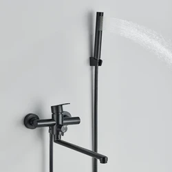 Mat Zwart Warm en Koud Bad Douchekraan Draaibare Baduitloop Wandgemonteerde Badmengkraan Waterval Badkraan met Handheld Show