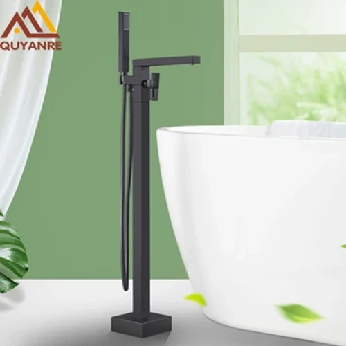 Quyanre Rubinetti per vasca da bagno quadrati neri opachi Rubinetto da pavimento Miscelatore per doccia con acqua calda e fredda Miscelatore a cascata per bagno