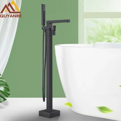 Quyanre Rubinetti per vasca da bagno quadrati neri opachi Rubinetto da pavimento Miscelatore per doccia con acqua calda e fredda Miscelatore a cascata per bagno
