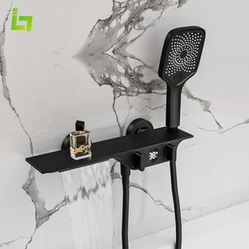 Wandmontéiert Black Badewanne Krunn Zwee Funktioun Laang Grouss Regal Temperatur Display Waasser Flow Generéiere Elektrizitéit