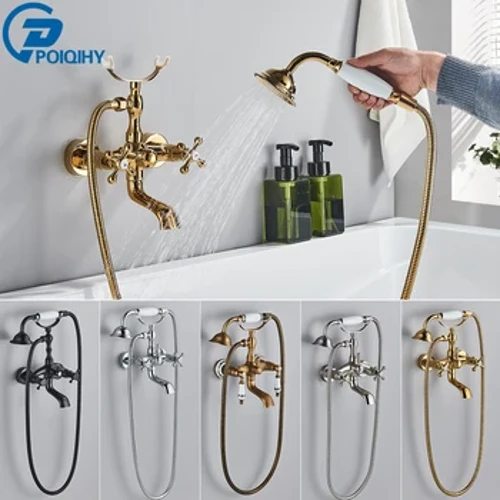 POIQIHY Emas Hitam Bathtub Shower Faucets Kamar Mandi Dinding Kamar Mandi Shower Set Kuningan Keran Mixer Putar Bak Cerat Mandi Shower Mixer
