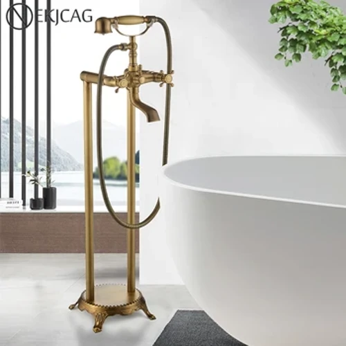 Robinet de baignoire autoportant en laiton Antique, salle de bains, montage au sol, remplissage de baignoire, ensemble de douche à double poignées avec mitigeur de douchette