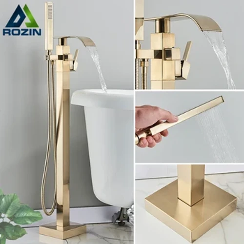 Faucet cawod bathtub sy'n sefyll yn rhydd Rozin Cymysgydd cawod ystafell ymolchi aur wedi'i frwsio â rhaeadr wedi'i osod ar y llawr Robinet de baignoire