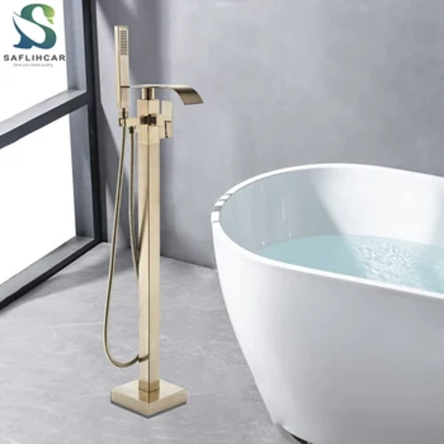 Rubinetto vano da bagno in oro spazzolato pavimento a cascata larga pavimento in vasca da bagno con doccia a mano piccante caldo mixer caldo rubinetto