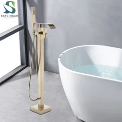 Rubinetto vano da bagno in oro spazzolato pavimento a cascata larga pavimento in vasca da bagno con doccia a mano piccante caldo mixer caldo rubinetto