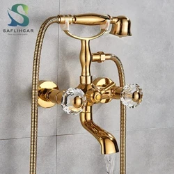 Arddull Ffôn Rhaeadr Aur Bathtub Faucet Ystafell Ymolchi Pres Faucets Bath Rhaeadr Rotatb Spout Dŵr poeth ac oer Set tap cawod