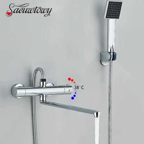 Thermostatic Shower Faucet Mixing Valve Thermosatic Faucet Bathroom Long Rotate Spout Taps Bathtub Faucet Wall Mount Brass Crane