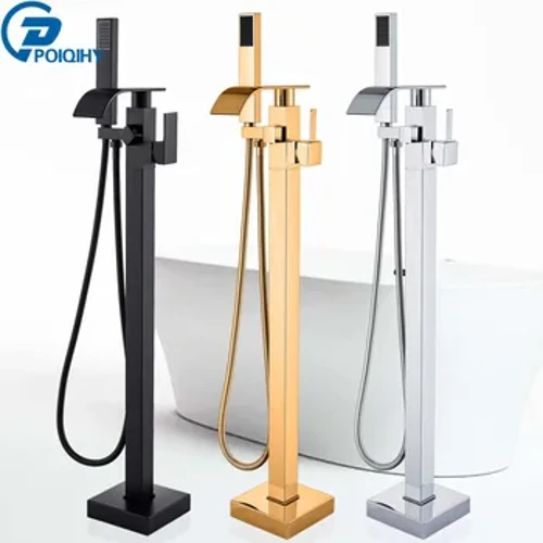 Chrombodenmontage Badewanne Duschhahn Wasserhahn drehbarer Wasserfall Ausgabe freistehender Badezimmer Kran Schwarzer Bad Duschmischer Hahn