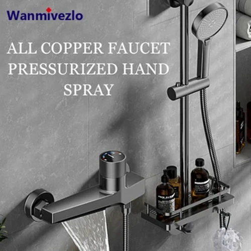 Gro / Schwaarz Waasserfall Buedzëmmer Krunn Spout mat Upassbar Regal Multifunktionell Dusch Premium Badewanne Krunn