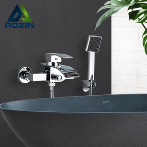 Faucet cawod bathtub Rozin Chrome ar wal ddu rhaeadr wedi'i osod ar yr ystafell ymolchi Faucets cawod cymysgydd handlen sengl faucet tap