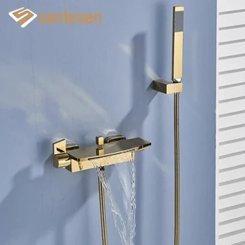 Senlesen Golden Waterfall Bathtub Faucet Brass ABS Shower Hand Pa'u Fa'afefiloi Su'i Suavai Suavai Mo Fale Ta'ele.