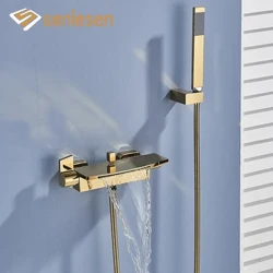 Senlesen Golden Waterfall Badekar Vandhane Messing ABS Bruser Håndblandere til varmt og koldt vand Para Badeværelsesbruser