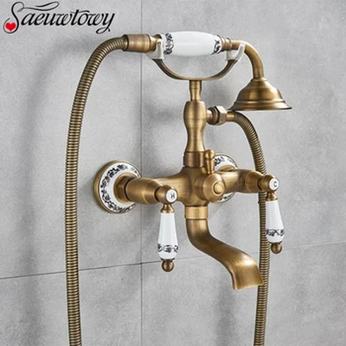 Rubinetto per vasca da bagno in stile telefono in bronzo nero antico Rubinetto per vasca da bagno con sistema doccia a parete con rubinetto caldo e freddo a parete con getto in rame