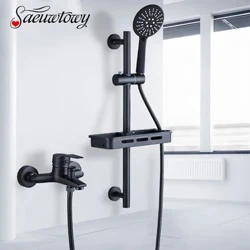 Kuningan Wall Mounted Bathtub Faucet Kamar Mandi Faucet Tinggi Adjustable Rak dengan Lifting Rod Faucet Nilai Kontrol Shower Faucet