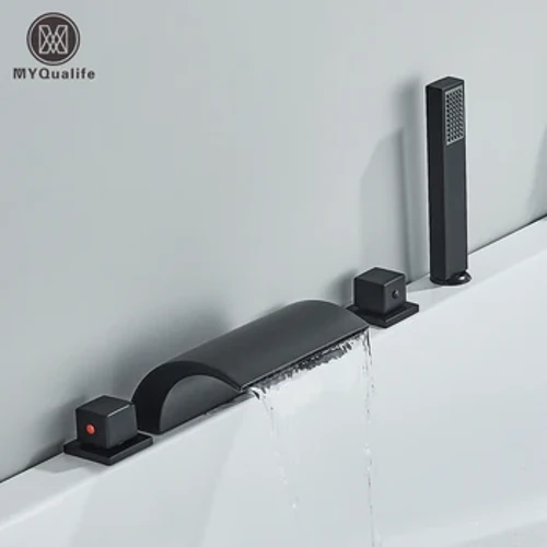 Schwarzes Messing Wasserfall Badewanne Wasserhahn weit verbreiteter Wannenwaschbecken Klopfen Drei Griffe heißer kaltes Wassermixer Badezimmer Dusche Wasserhahn Wasserhahn