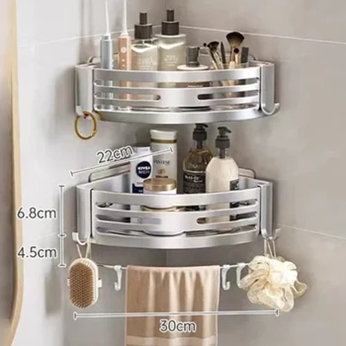 Raft de colț pentru baie fără găurit, 1-2 bucăți cu cârlig bară de prosoape Rafturi de baie montate pe perete din aluminiu Raft pentru șampon Organizator de baie