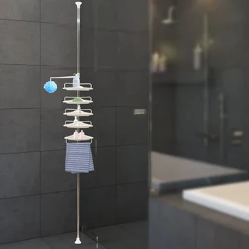 5-trins teleskophylde Hjørnehylde med 5-hylder Badeværelseshylde 4 kroge Hvid 5-lags 320 cm teleskopisk rustfrit stålbad