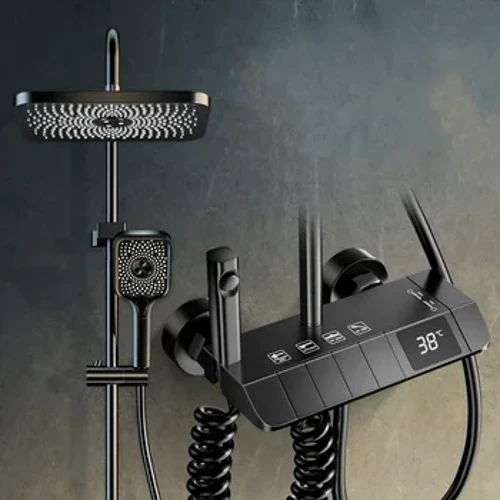 Badrum Dusch Kran Set 4 Funktioner Digital Display Dusch Termostat Varma kalla duschar Blandare Tryck Utlopp Koppar Kranar