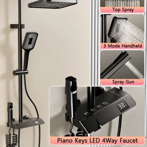 Svart Duschsystem Badrum Mässing Dusch Kranar Set Digital 4-vägs LED Regnbadkar Varmt Kall Piano Key Regnduschset