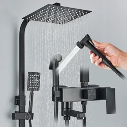 Đen Lượng Mưa Bồn Tắm Sen Tắm Bộ 4 Cách Với Bidet Phối Vòi Treo Tường Đồng Điều Áp Hệ Thống Mưa Bộ