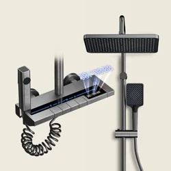 Banyo Shower Full Set Gray Digital Display Shower System Set Piano Button na May Ambient Light Faucets Shower Head