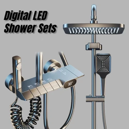 Digitale LED-dusjsett Svart dusjsystemsett Badekar dusjsystem Regntrykk varm kald dusjkran Husholdningsdusj