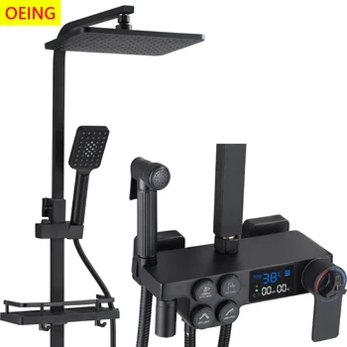 Itim na Display Thermostatic Shower Faucet Set Patak ng ulan Bathtub Tap na May Banyo Shelf Ang Daloy ng Tubig ay Gumagawa ng Elektrisidad