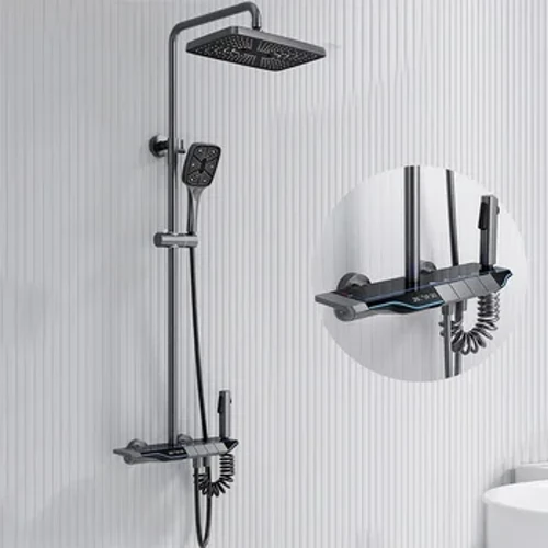 Set sistema doccia Tasto pianoforte Luce ambientale Termostato in rame completo Display digitale Rubinetto moderno grigio canna di fucile