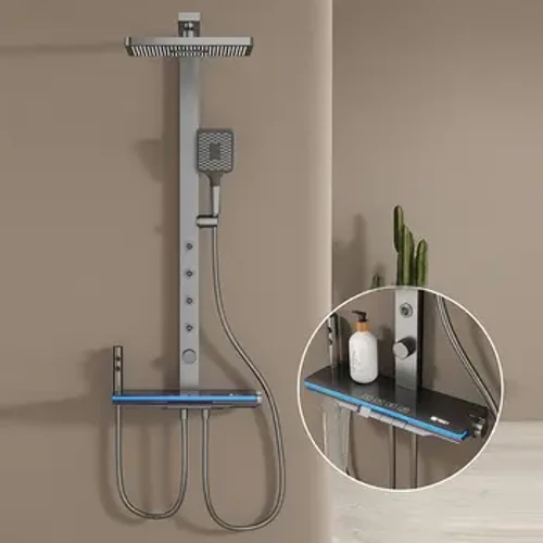 Ensemble de douche à affichage numérique, salle de bains, lumière ambiante, robinet de douche à jet arrière à cinq fonctions, ensemble de système de douche gris