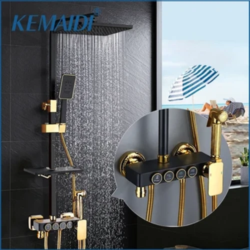 KEMAIDI Bomba la Bafu Nyeusi ya Bafu ya Bafu ya Njia 4 ya Mchanganyiko wa Njia 4 na Bidet na Bafuni ya Rafu.