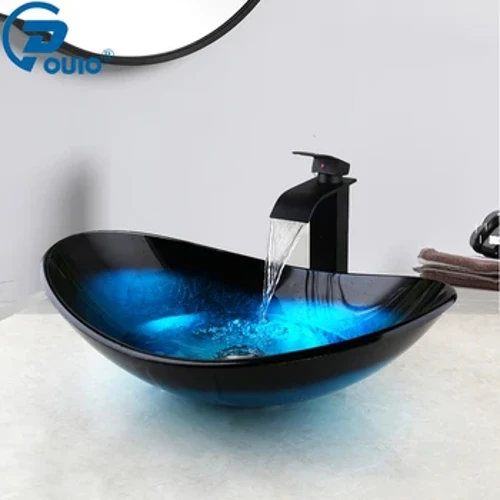 OUIO Phòng Tắm Kính Cường Lực Lưu Vực Chìm Thác Vòi Xịt Lưu Vực Đen Phòng Tắm Rửa Combo Nóng Lạnh Vòi Nước