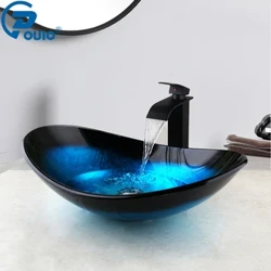 OUIO Phòng Tắm Kính Cường Lực Lưu Vực Chìm Thác Vòi Xịt Lưu Vực Đen Phòng Tắm Rửa Combo Nóng Lạnh Vòi Nước