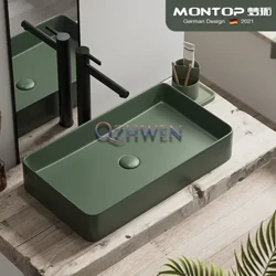 50cm/40cm/36cm/30cm Keramisk håndvask Badeværelsesvask Mørkegrøn Mat Firkantet Luksus Balkon Toilet Håndvask med vandhane