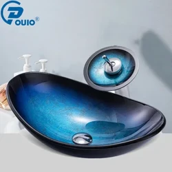 OUIO Kaca Tempered Cat Tangan Air Terjun Spout Basin Hitam Wastafel Kamar Mandi Wastafel dengan Overflew Pop Drain Mixer Air Panas Dingin