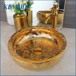 KEMAIDI Bồn rửa phòng tắm bằng gốm sứ Vàng có vòi Bồn rửa phòng tắm bằng sứ trên quầy Bồn rửa chén sang trọng cho phòng tắm