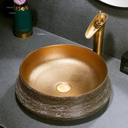 Bồn rửa phòng tắm sang trọng Retro Art Countertop Basin Home Round Phòng tắm Bồn rửa trên cao Ban công Khách sạn Gốm sứ Phòng tắm Chậu rửa GM