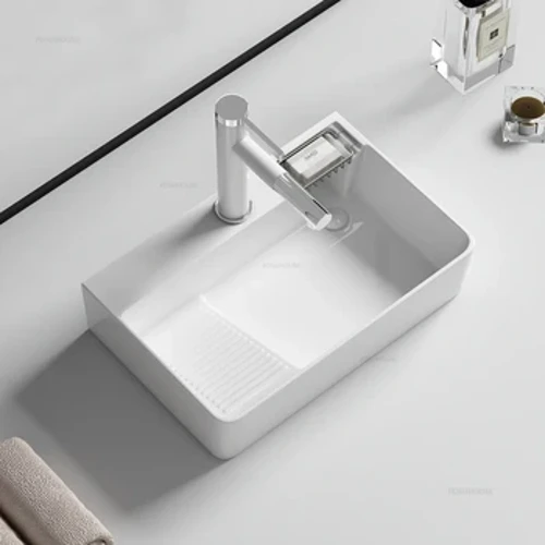 Bathroom Sinks Ceramic Countertop Basin Washing Machine Cabinet Side Drain Washbasin with Washboard Balcony Small Size Washbasin