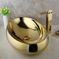 Lavabo en céramique plaqué or, salle de bains, évier en laiton massif plaqué or, ensemble de robinets, bol, lavabo, évier YX456TB