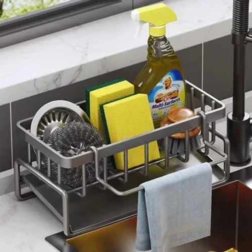 Scaffale per lavello autosvuotante Scaffale per lavello da cucina in acciaio inossidabile Portaspugna per sapone Organizzatore per lavello da cucina Accessori per il bagno
