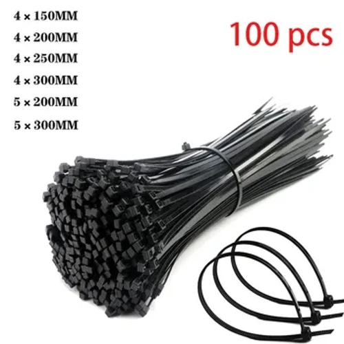 O'z-o'zidan qulflanadigan plastik neylon galstuk 100 dona qora 5x300 kabel galstugi mahkamlash halqasi4x200 simli bog'ich zip o'rama tasma neylon kabel galstuk to'plami