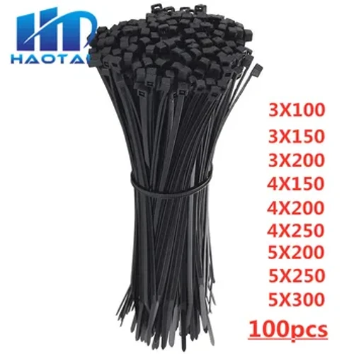 Dây nhựa nylon tự khóa Dây cáp Zip Ties 100 chiếc Dây buộc cáp màu đen Thắt chặt dây cáp Thông số kỹ thuật khác nhau