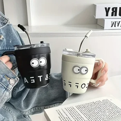 Cốc giữ nhiệt 16 ounce dành cho nam và nữ, cốc cà phê inox, chai nước Kawaii di động có tay cầm và nắp đậy.